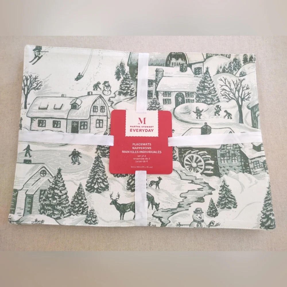 NWt Martha Stewart Toile ☃️ Winter Holiday Placemats SeT~ Green/White